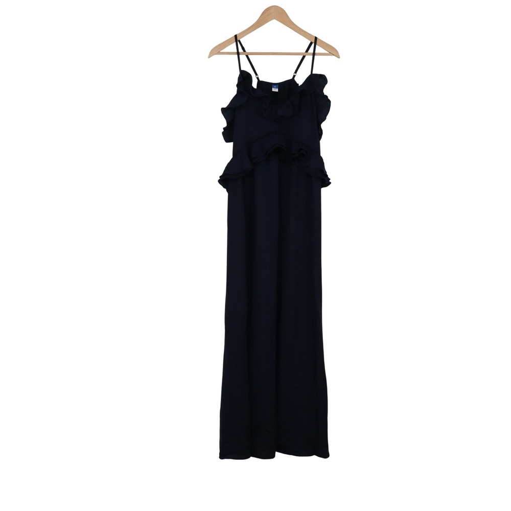 Old Navy Maxi Dress Womens L Tall Ruffle Tiered Navy Blue Spaghetti Strap Exc